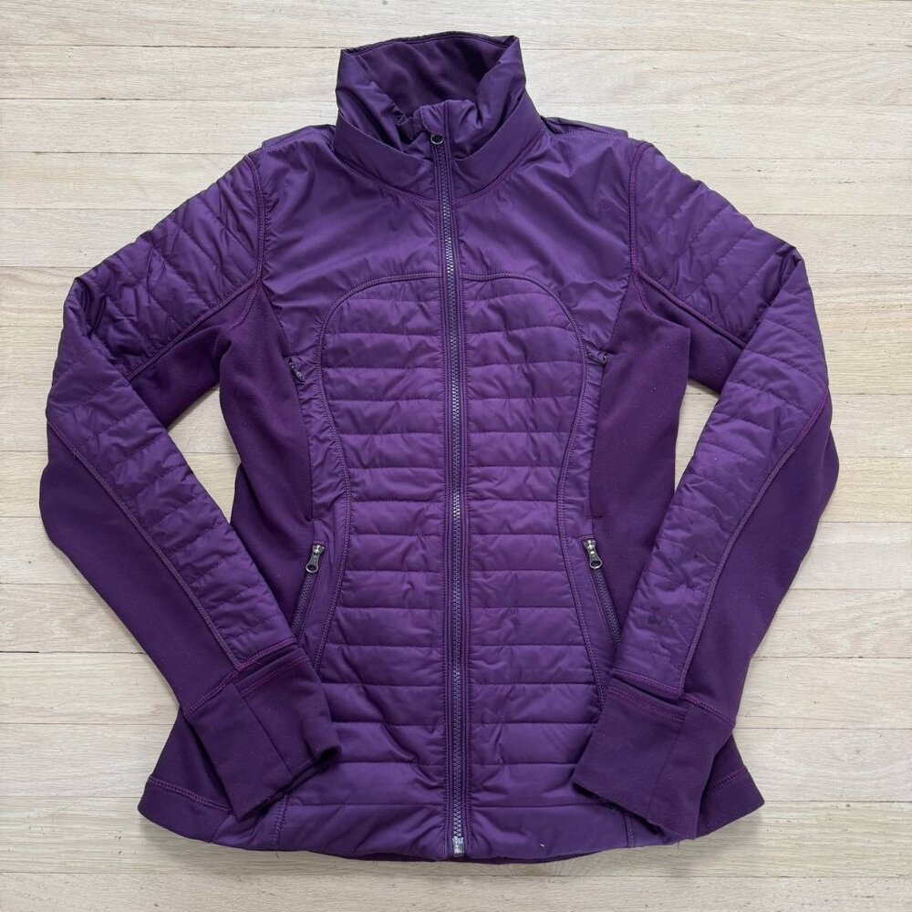 Lululemon Women’s Puffer Jacket medium Purple Quilted Full Zip Hood First Mile